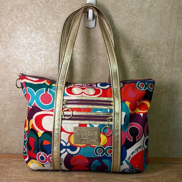 Coach Handbags - Large Coach poppy Multicolor Signature Tote with Gold Metallic Handles